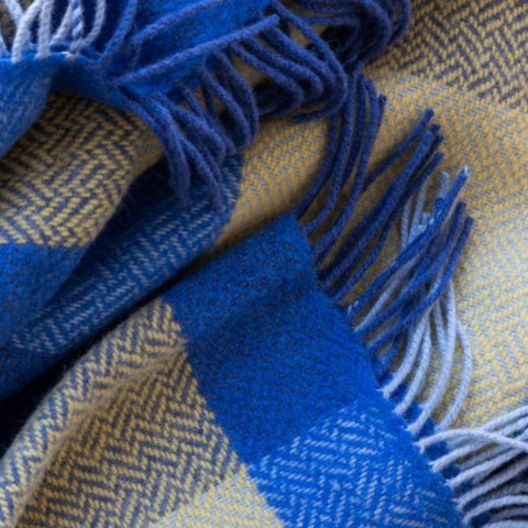Plaid en laine et cachemire - Carreaux bleu & Jaune