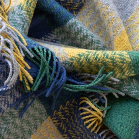 Plaid en laine et cachemire - Carreaux bleu, jaune & vert