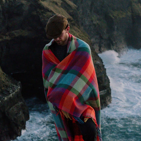 Plaid en laine et cachemire - Carreaux orange, rose & vert