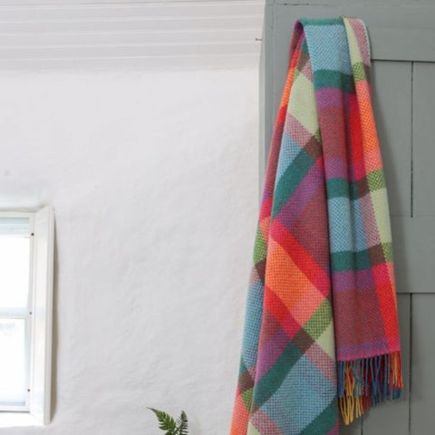 Plaid en laine et cachemire - Carreaux orange, rose & vert