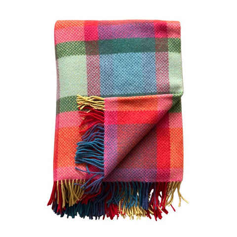 Plaid en laine et cachemire - Carreaux orange, rose & vert