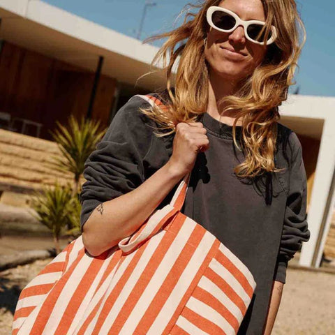Sac cabas - Elisa Rayures Greige / Tomato
